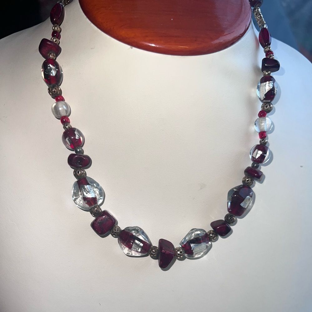 Vintage Clear & Red Murano Glass ''Scarlet Shimmer'' Necklace Toggle Clasp